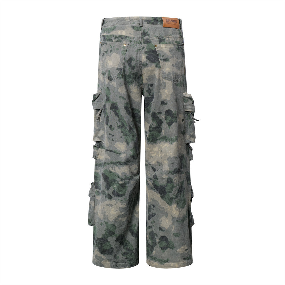 Dimensional Patch Pocket Wide Leg Tie-dye Camouflage Large Pocket Overalls Men