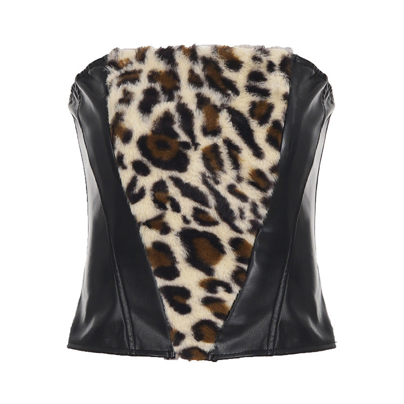 Women Clothing Two Piece Sets Leopard Fur Stitching Leather Tube Top Sexy Hip Skirt Two Piece Sets