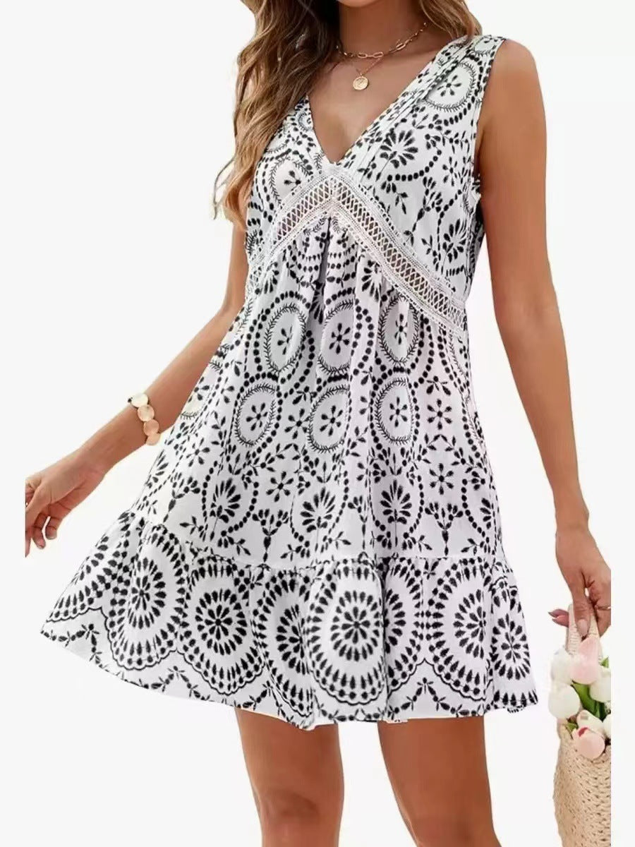 Women's Elegant Printed Hollow Lace V-neck Sleeveless Dress
