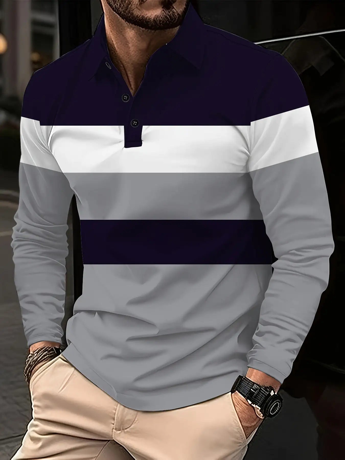 Men's Button Casual Slim Lapel 3D Printed Long Sleeve