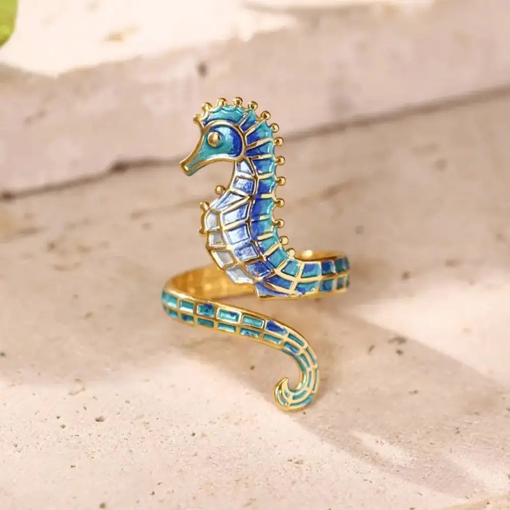 Elegant Gold Plated Stainless Steel Seahorse Ring Blue