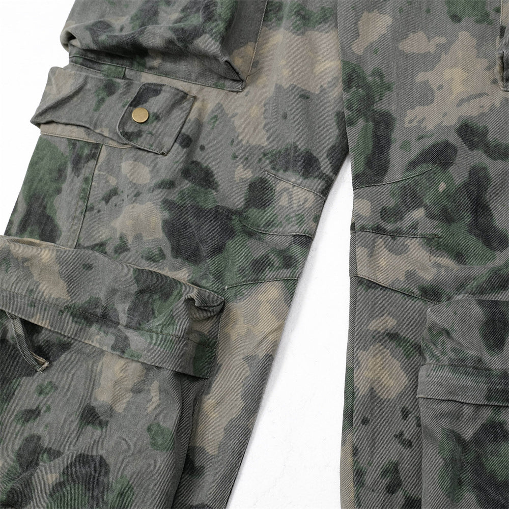 Dimensional Patch Pocket Wide Leg Tie-dye Camouflage Large Pocket Overalls Men