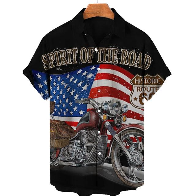 Feel The Freedom Route 66 Red White Blue 3D Printed Short Sleeve Lapel Shirt Fashion Style Racing 3D Print Short Sleeve Shirt - Lizard Vigilante