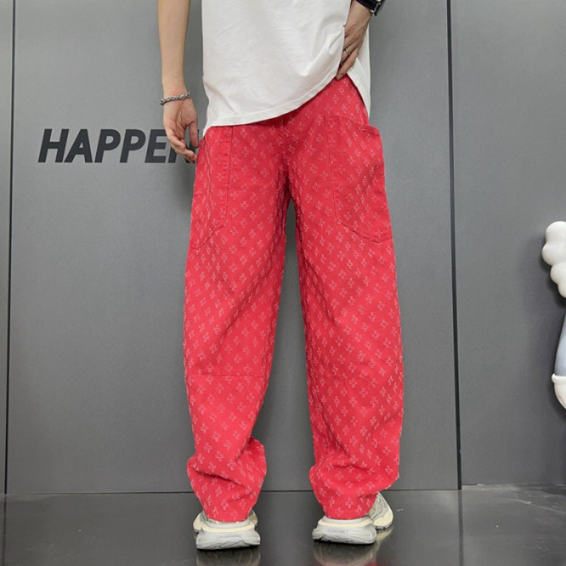 Loose Straight Washed Denim Large Pocket Pants Trendy