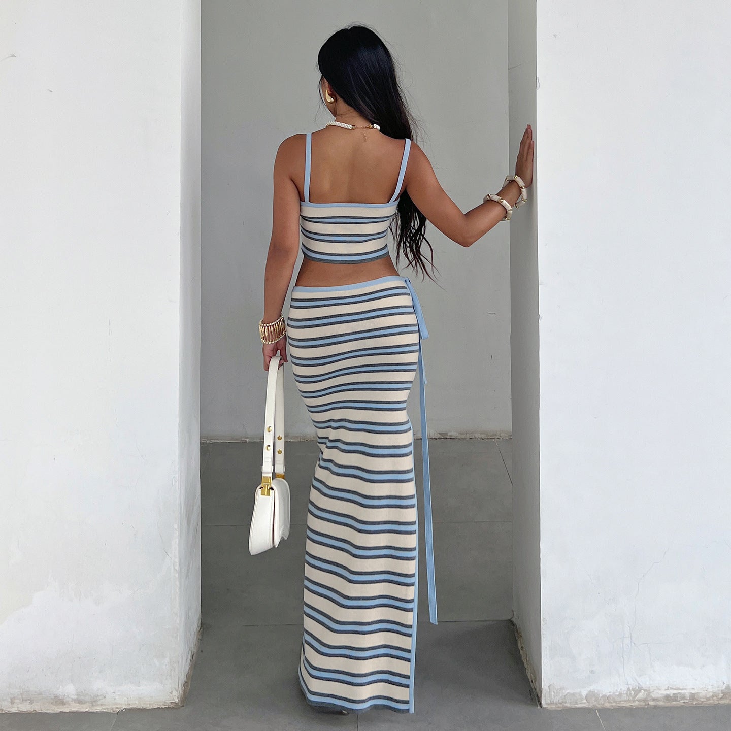 Casual Vacation Knitted Striped Skirt Set Cropped Short Strap High Waist Lace up Skirt Two Piece Set