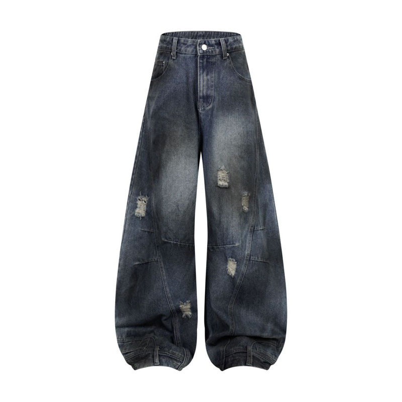 Retro Washed Ripped Deconstruction Stitching Design Straight Jeans