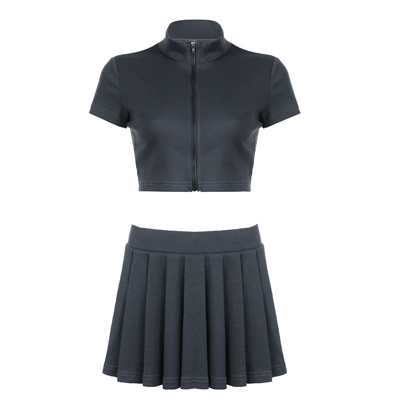 Casual Women Rib Knitted Solid Color Zipper Top Short Sleeve Pleated Skirt Set Short Skirt Two Piece Sets