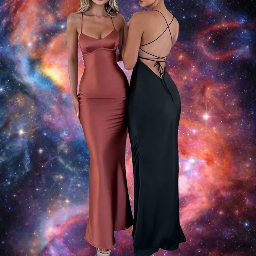 Star-Studded Occasions Fishtail Dress | Classy Silky Satin Open Back Over-the-Knee Mermaid Gown – Perfect for Birthday Parties & Summer Events - Premium dress from Lizard Vigilante - Just $36.66! Shop now at Lizard Vigilante