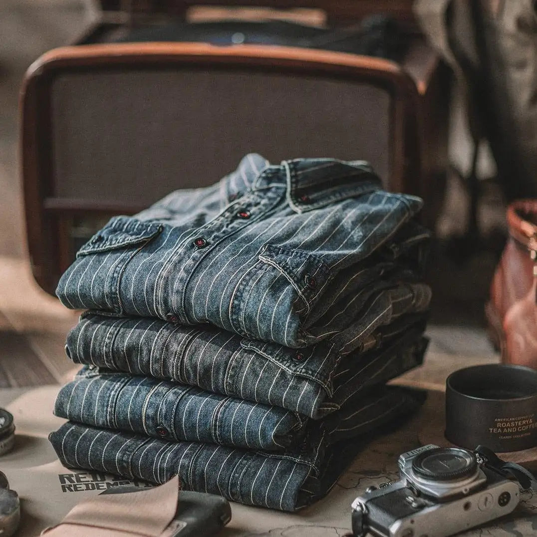 Vintage Vertical Stripes Denim Shirt Workwear Washed Old Long Sleeve Men