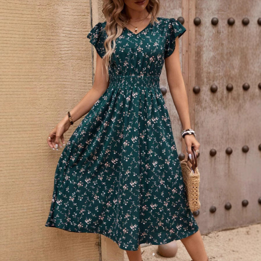 Fashion Elegant Women's V-neck Belted Ruffle Sleeve Print Dress