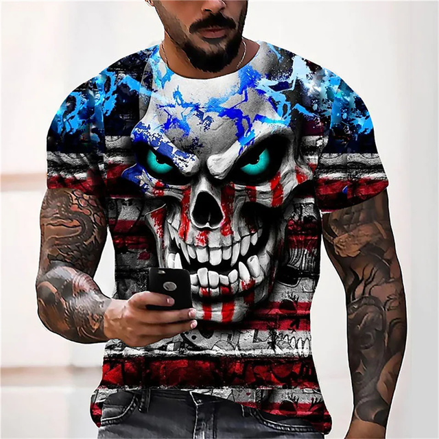 3D Skull Graphic Casual Printed Loose Short Sleeve Top - Premium T-Shirt from Lizard Vigilante - Just $23.39! Shop now at Lizard Vigilante