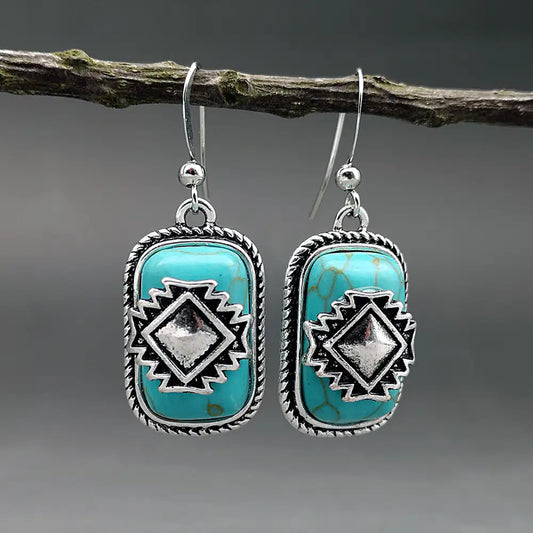 Ethnic Shield Retro Green Turquoise Earrings