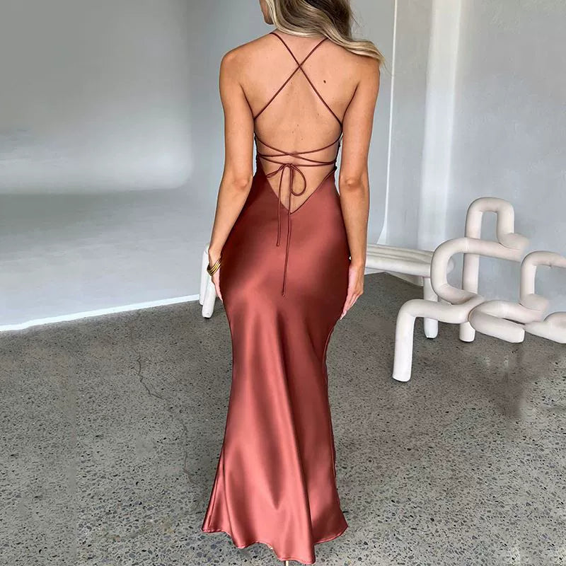 Star-Studded Occasions Fishtail Dress | Classy Silky Satin Open Back Over-the-Knee Mermaid Gown – Perfect for Birthday Parties & Summer Events - Premium dress from Lizard Vigilante - Just $36.66! Shop now at Lizard Vigilante