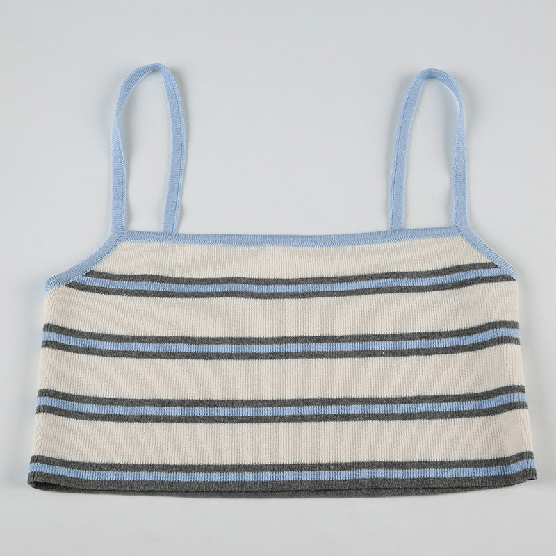 Casual Vacation Knitted Striped Skirt Set Cropped Short Strap High Waist Lace up Skirt Two Piece Set