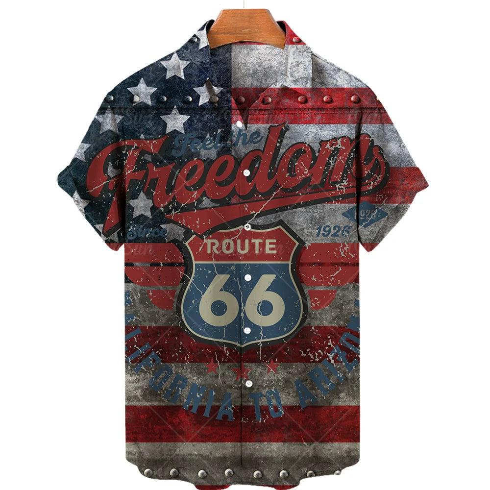 Feel The Freedom Route 66 Red White Blue 3D Printed Short Sleeve Lapel Shirt Fashion Style Racing 3D Print Short Sleeve Shirt - Lizard Vigilante