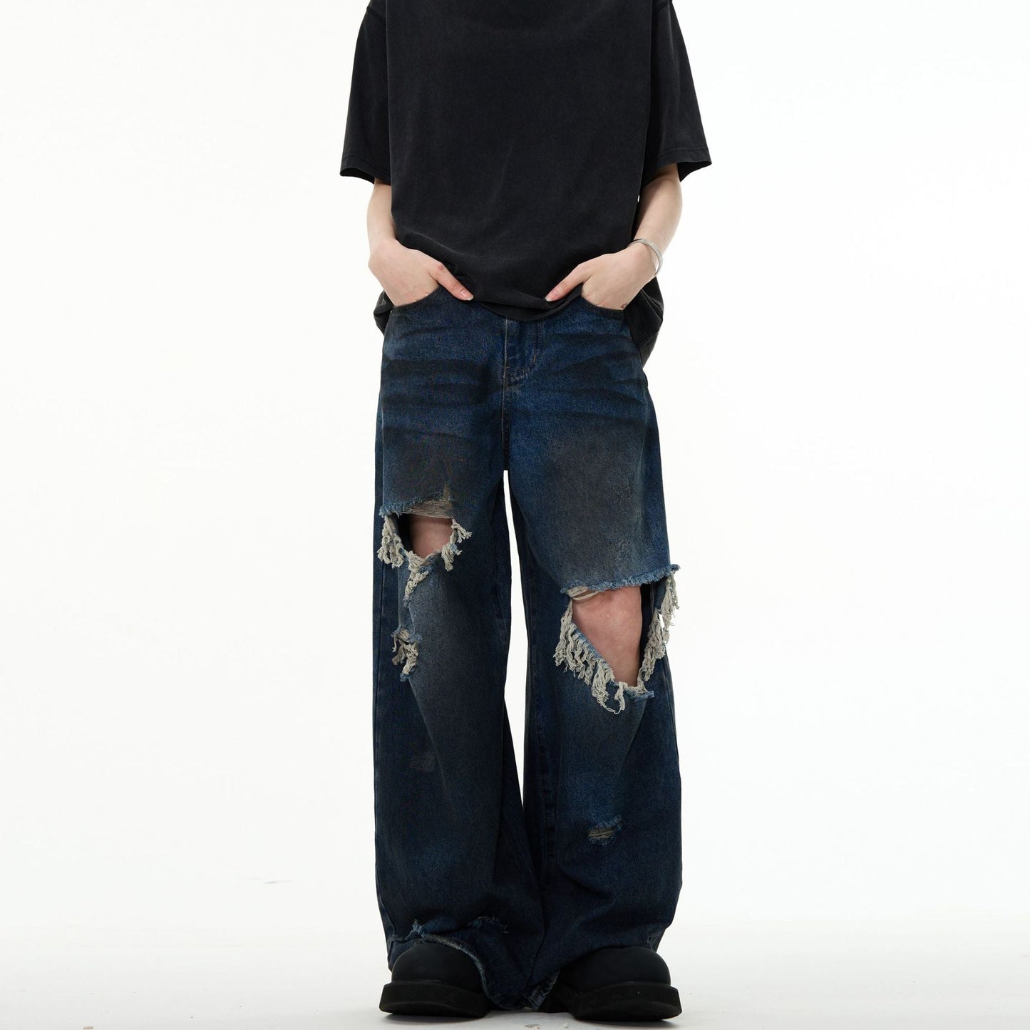 Couple Hole Worn Jeans Wide-leg Pants