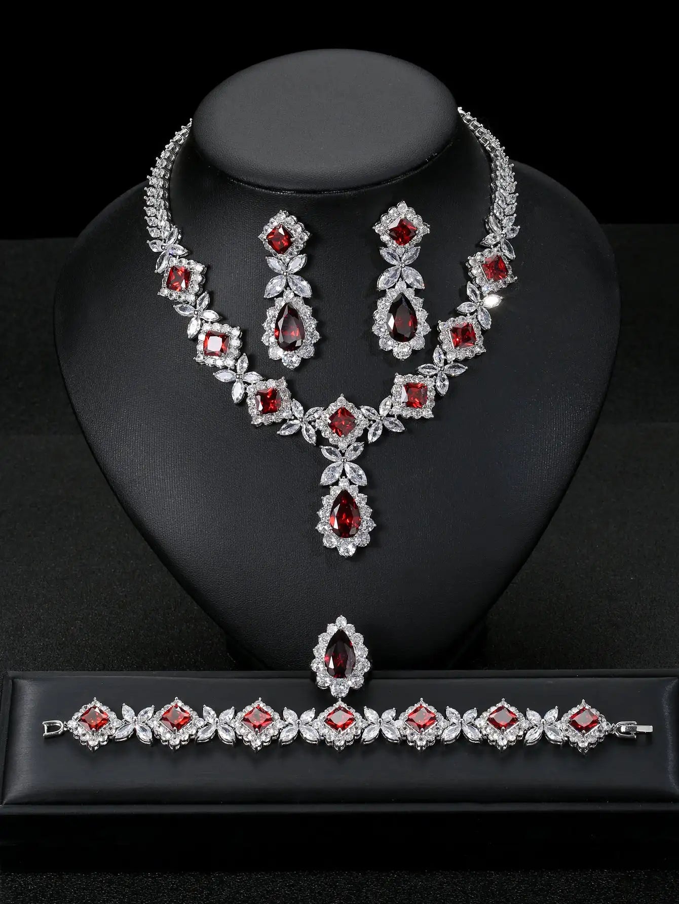 European And American Luxury Zircon Necklace Earring Bracelet Ring Suit