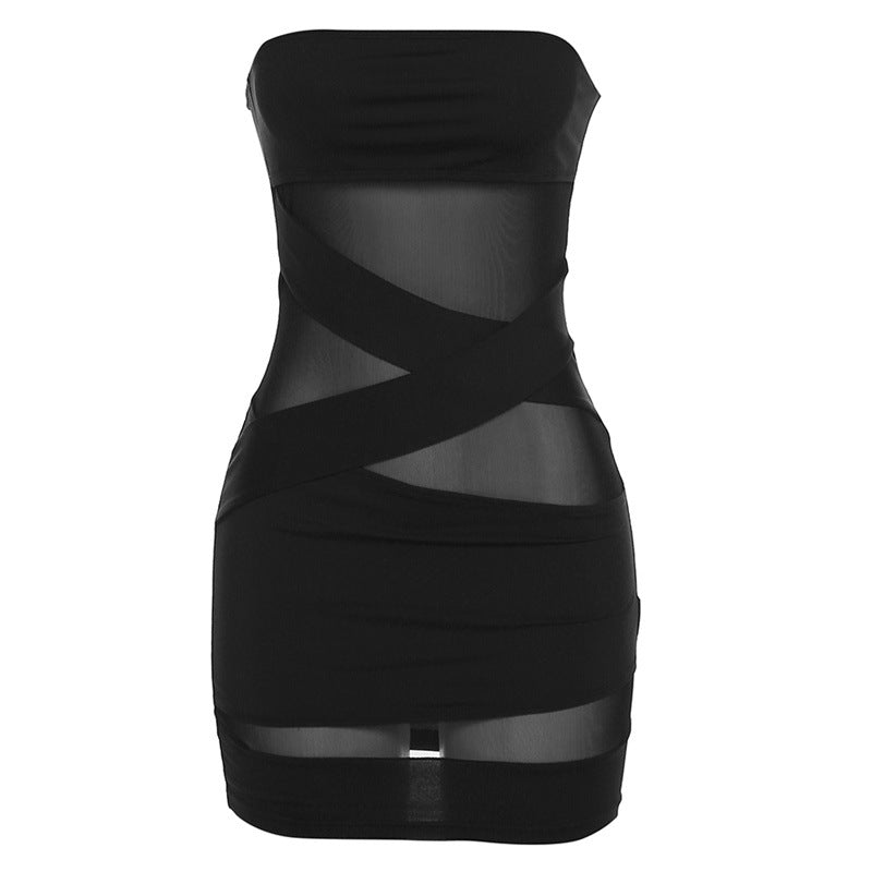 Winter Women Clothing Chest Wrapped off Neck Sexy See through Slim Fit Sheath Dress Women