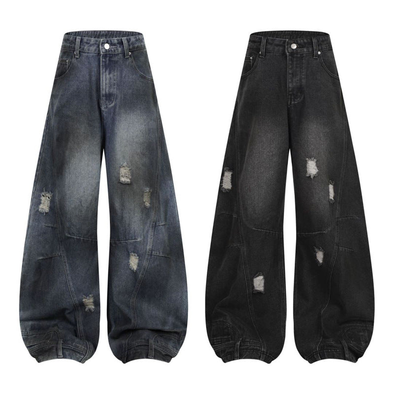 Retro Washed Ripped Deconstruction Stitching Design Straight Jeans