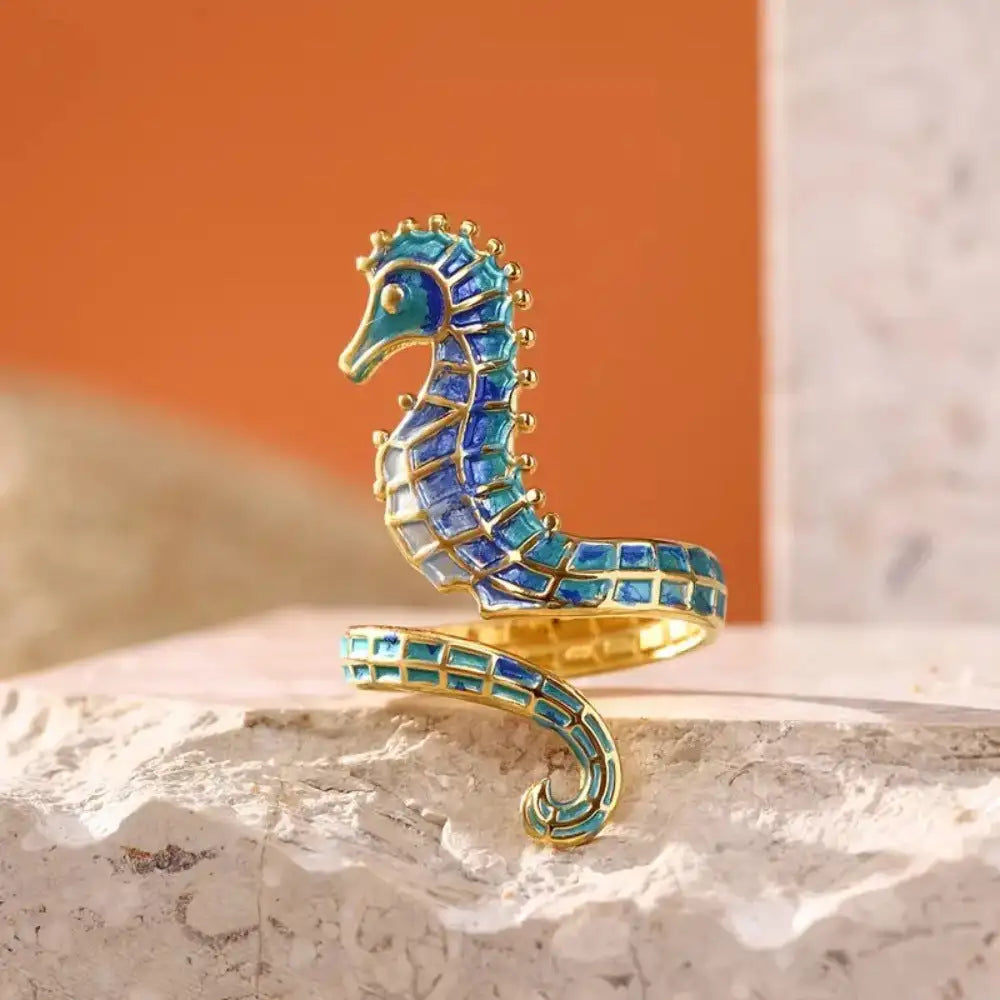 Elegant Gold Plated Stainless Steel Seahorse Ring Blue