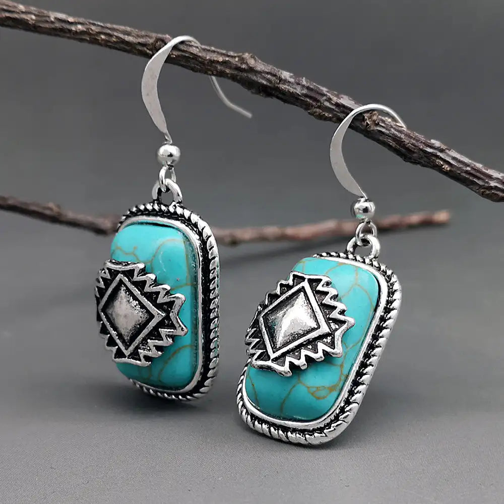 Ethnic Shield Retro Green Turquoise Earrings