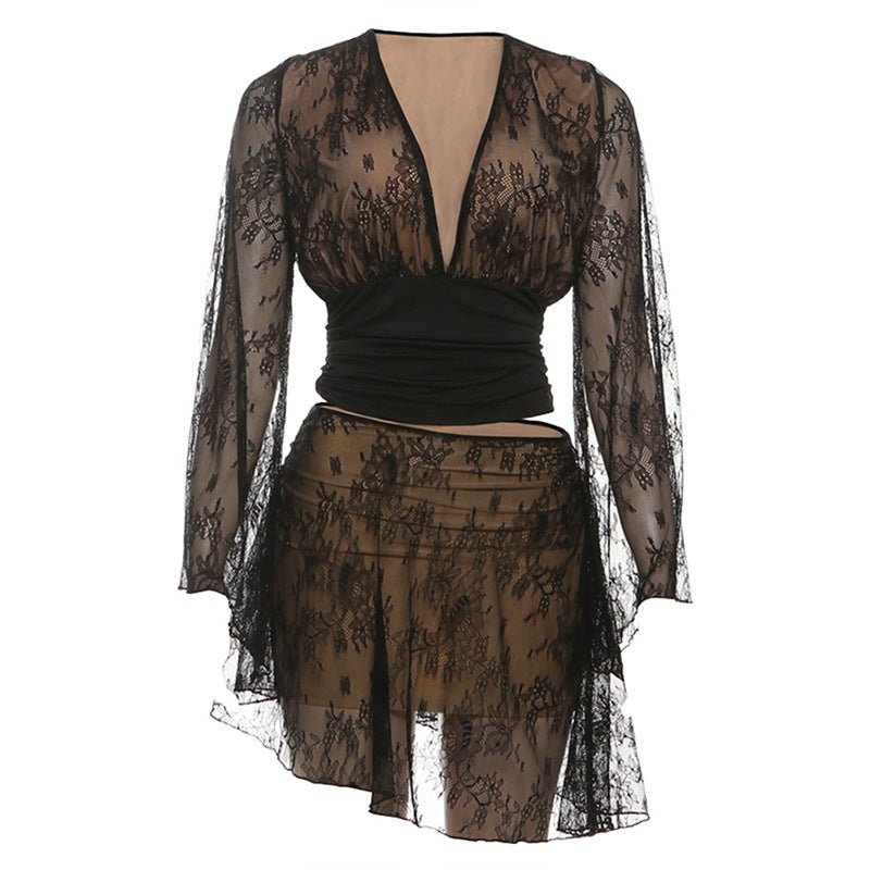 Autumn Winter Women Clothing Sexy V neck Waist Controlled Top Hip Skirt Lace Stitching Set