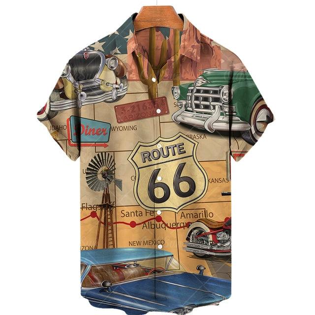 Feel The Freedom Route 66 Red White Blue 3D Printed Short Sleeve Lapel Shirt Fashion Style Racing 3D Print Short Sleeve Shirt - Lizard Vigilante