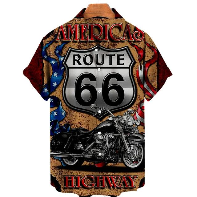 Feel The Freedom Route 66 Red White Blue 3D Printed Short Sleeve Lapel Shirt Fashion Style Racing 3D Print Short Sleeve Shirt - Lizard Vigilante