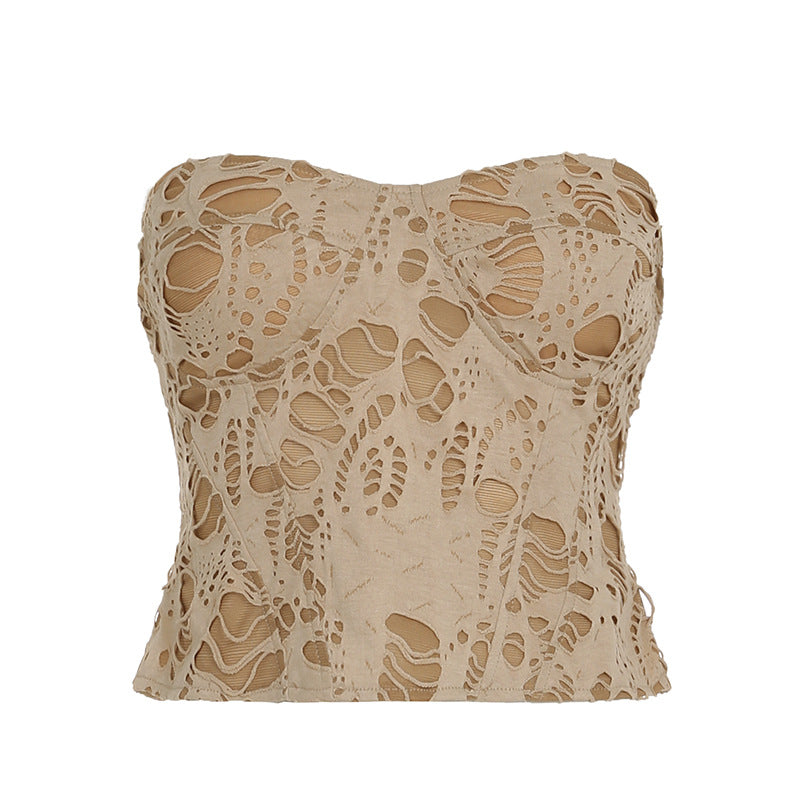 Retro Waste Soil Sexy Sexy Ripped Tube Top Double-Layer Contrast Color Chest Flattering Holiday Top Women