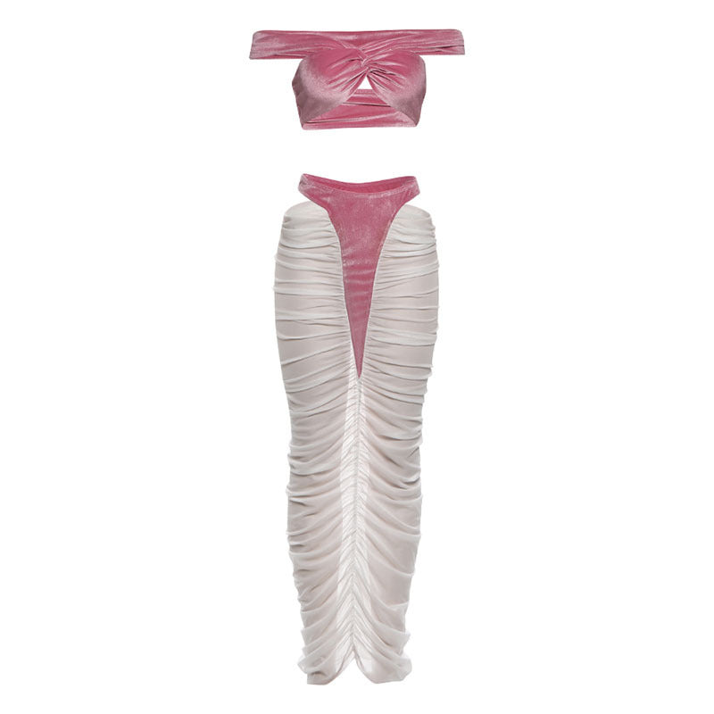 Autumn Winter Sexy Tube Top High Waist Stitching See through Skirt Set