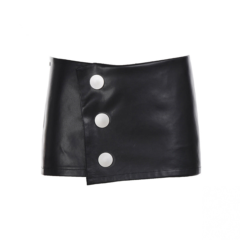 Women Streetwear Sexy Sexy Sheath Metal Buckle Irregular Asymmetric Skirt Lining Low Waist Leather Skirt