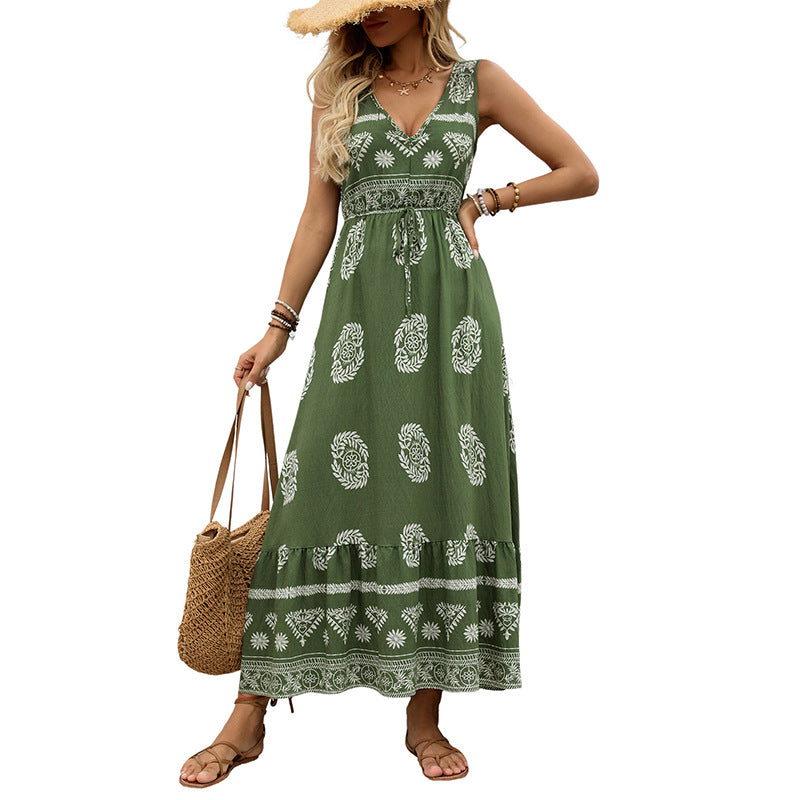 New Holiday Printed Green Ethnic Style Casual V-neck High Waist Dress For Women