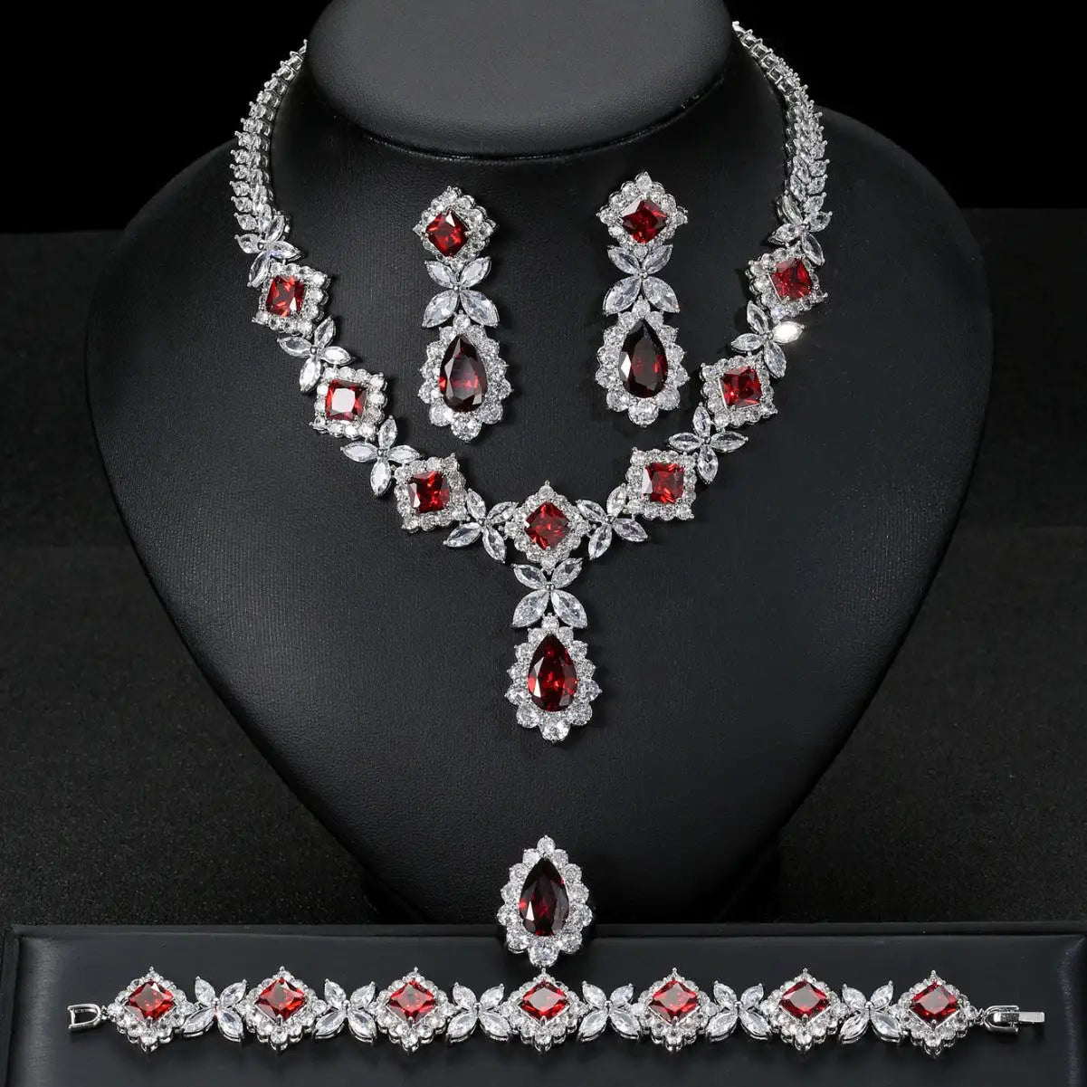European And American Luxury Zircon Necklace Earring Bracelet Ring Suit
