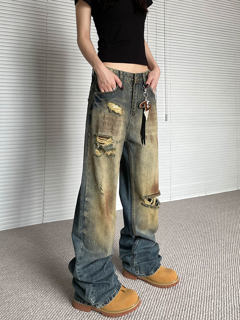 Niche Make Old Ripped Denim Fashion Brand Loose Straight Wide Leg Smart Trousers