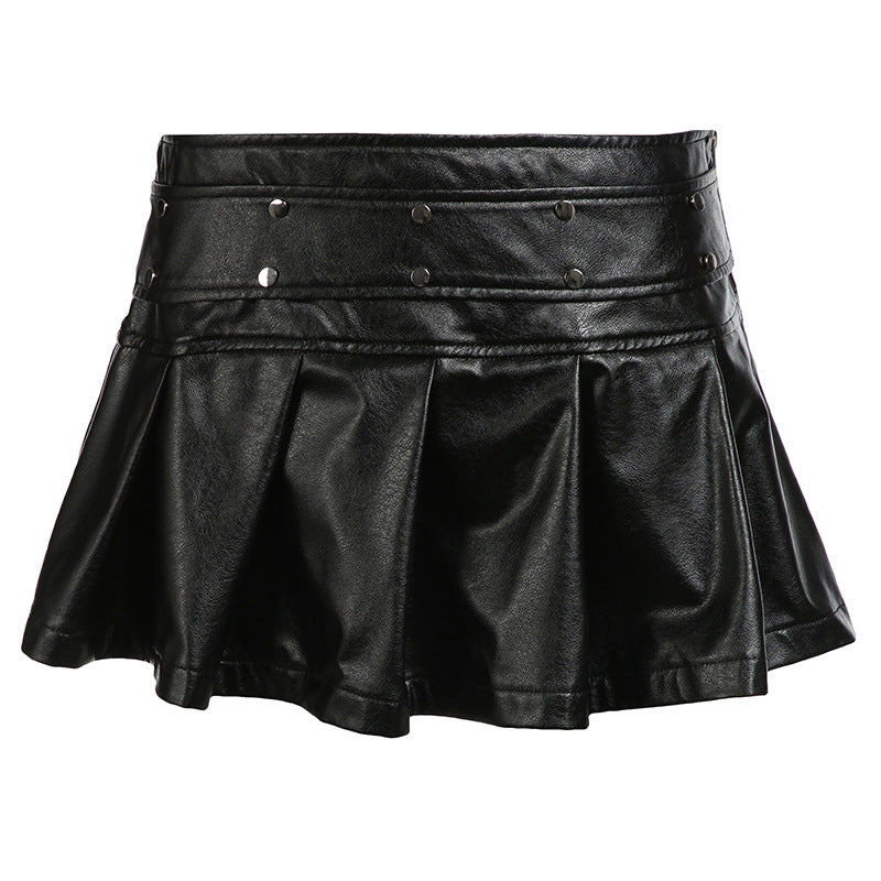 Street Locomotive Stitching Rivet Leather Miniskirt Sexy Zipper Nipped Waist Pleated Skirt