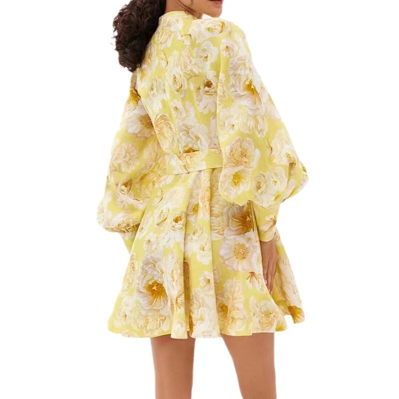 Belt Lantern Sleeve Holiday Swing Dress