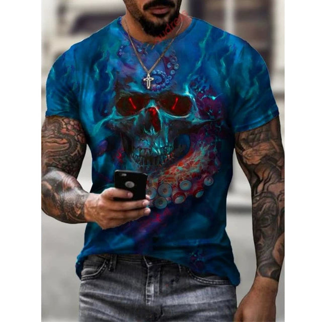 3D Skull Graphic Casual Printed Loose Short Sleeve Top - Premium T-Shirt from Lizard Vigilante - Just $23.39! Shop now at Lizard Vigilante