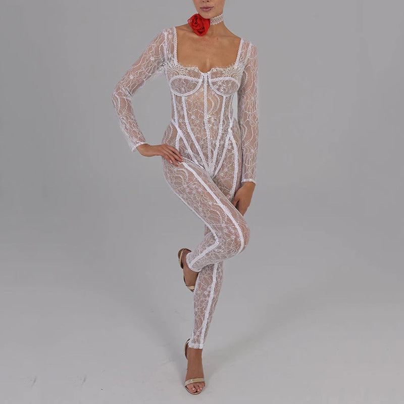 Autumn Lace Stitching Sexy Temptation Low Cut Jumpsuit Women Sexy See through Trousers