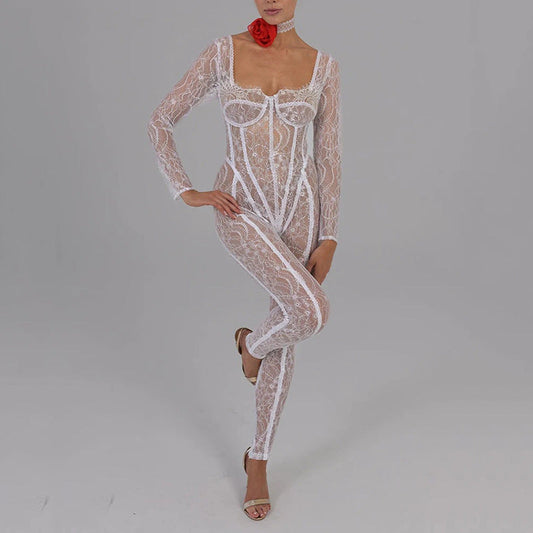 Autumn Lace Stitching Sexy Temptation Low Cut Jumpsuit Women Sexy See through Trousers
