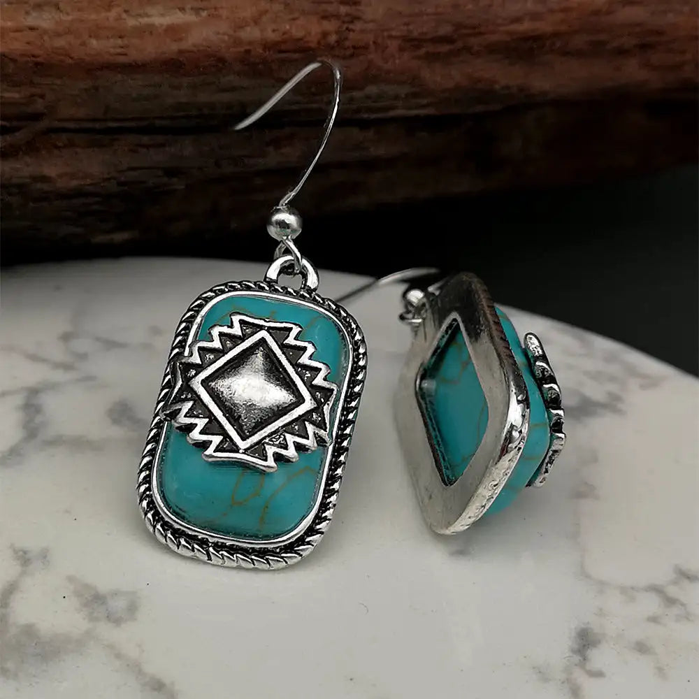 Ethnic Shield Retro Green Turquoise Earrings