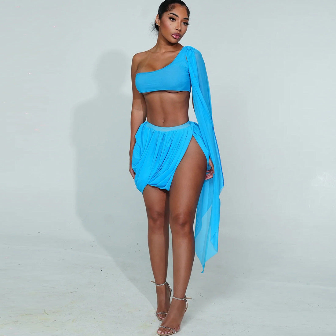 Fall Women Clothing Mesh Sexy Unilateral Long Sleeves Cropped Top Fold Split Skirt Outfit