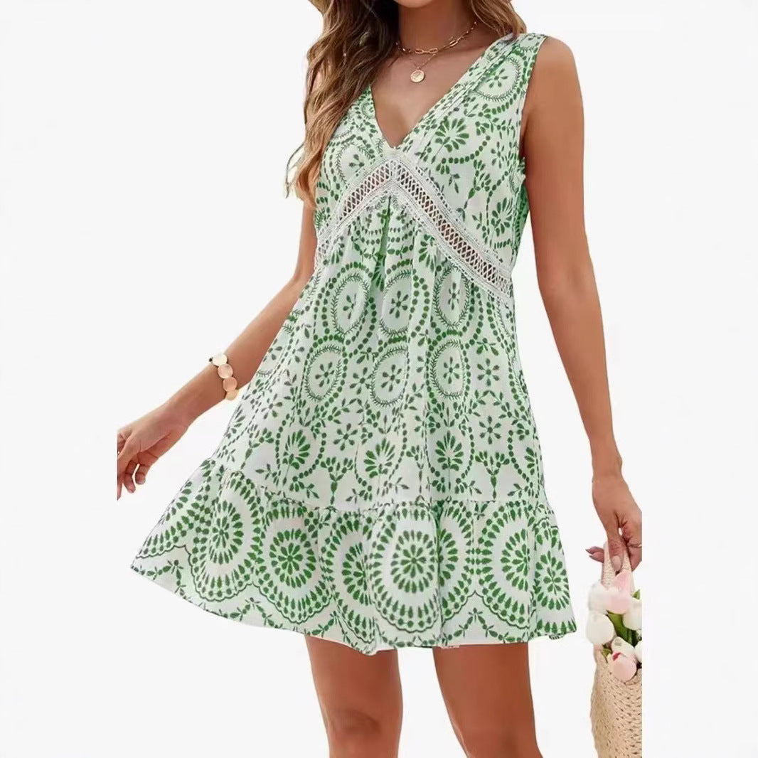 Women's Elegant Printed Hollow Lace V-neck Sleeveless Dress