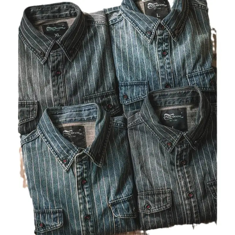 Vintage Vertical Stripes Denim Shirt Workwear Washed Old Long Sleeve Men