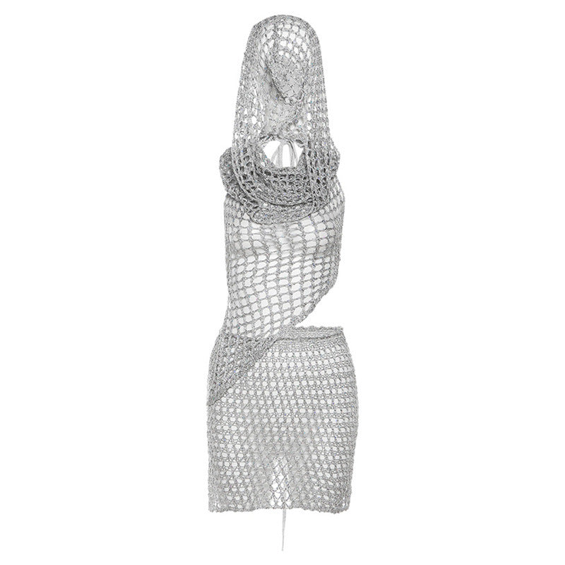 Summer Women Clothing Sexy Cutout Knitted Sequined Top High Waist Hip Wrapped Skirt Set for Women