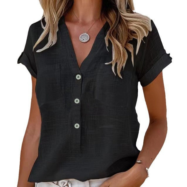 Solid Color Button Fashion Short Sleeve