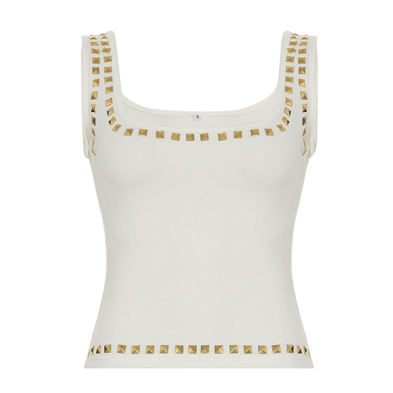 Personality Street Metal Square Rhinestone I Shaped Vest Square Collar Sexy Casual Top Summer