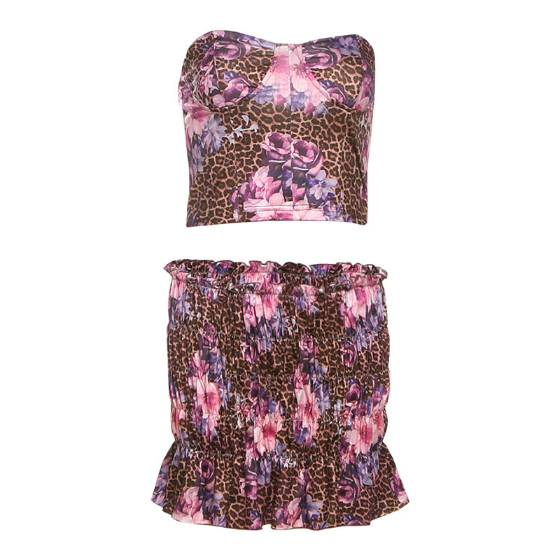 Spring Summer Women Clothing Sexy Exposed Cropped Tube Top Package Hip Miniskirt Two Piece Set