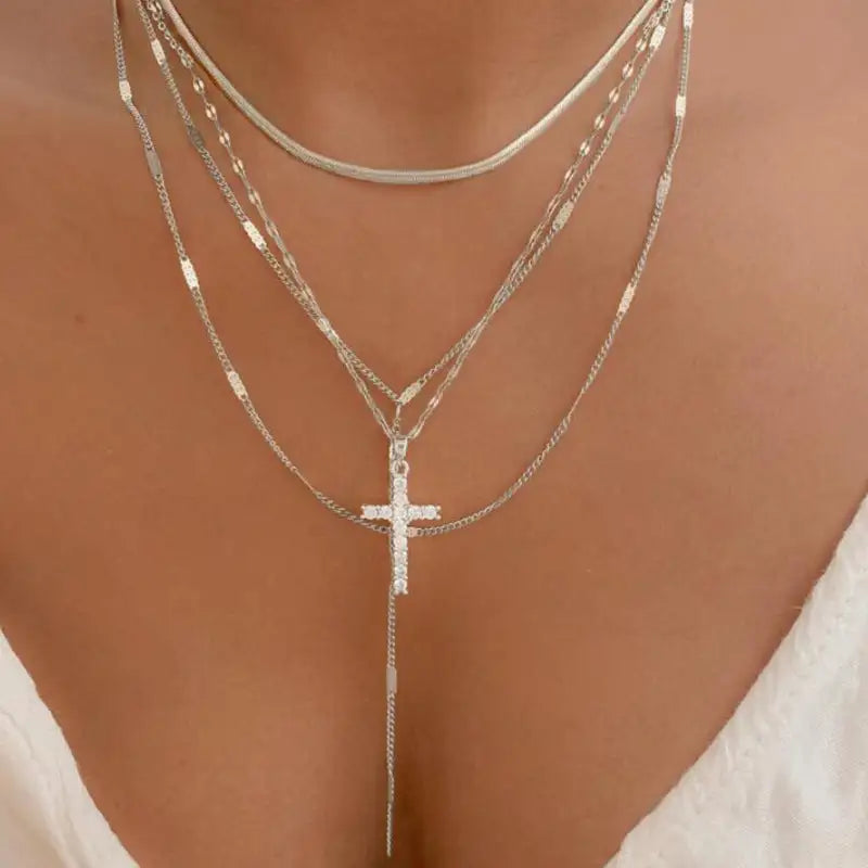Fashion Special-interest Vintage Cross Pendant Clavicle Chain Multi-layer