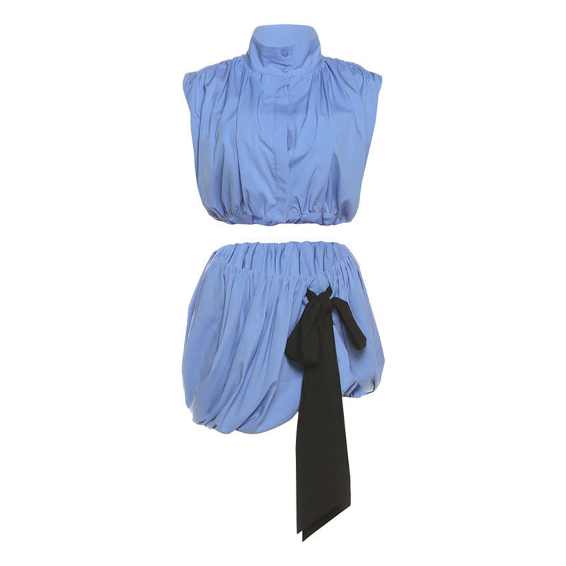 Fall Women Clothing High Collar Contrast Color Sexy Cropped Top Sexy Skirt Two Piece Sets