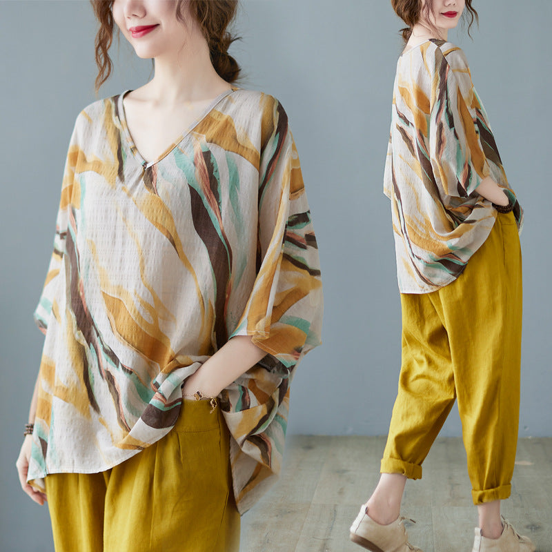 Cotton And Linen Art Batwing Sleeve Shirt